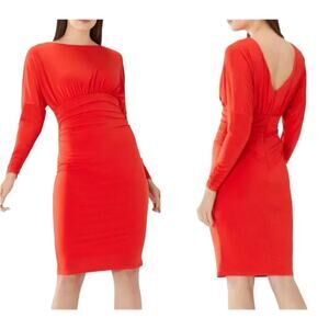 COAST Laurie Jersey Shift Ruched Long Sleeve V-Back Dress Red - Sz 4 - NWT